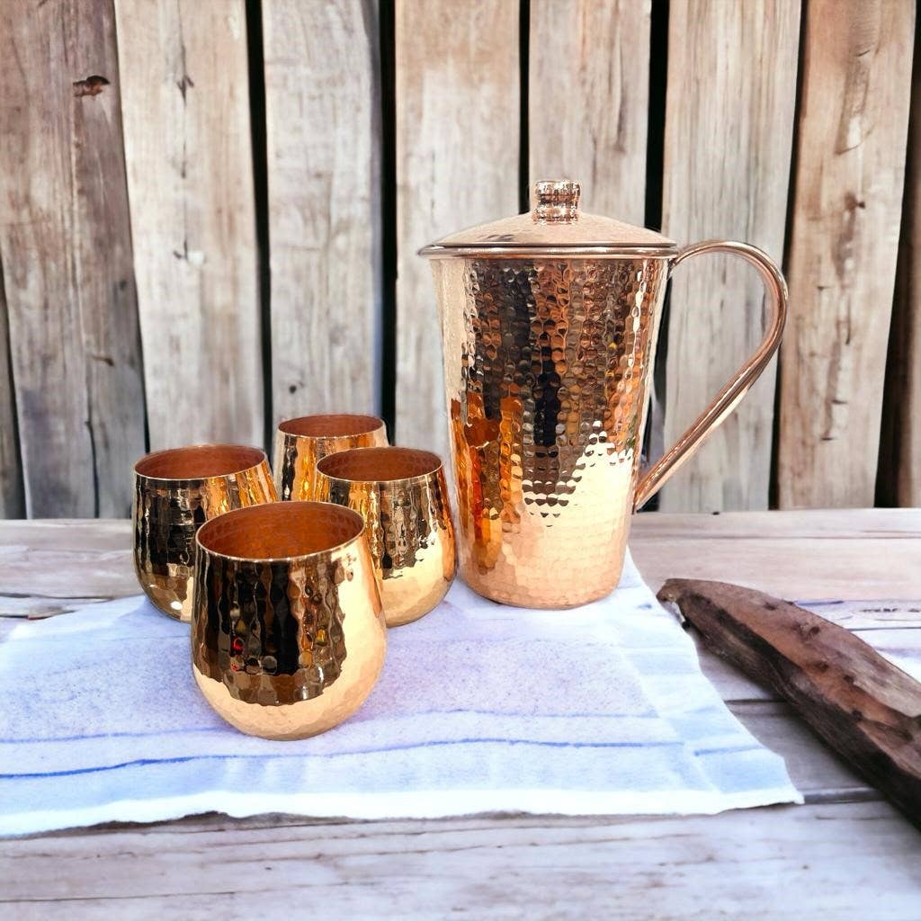 Hammered Copper Pitcher and Tumblers Set, Shiny