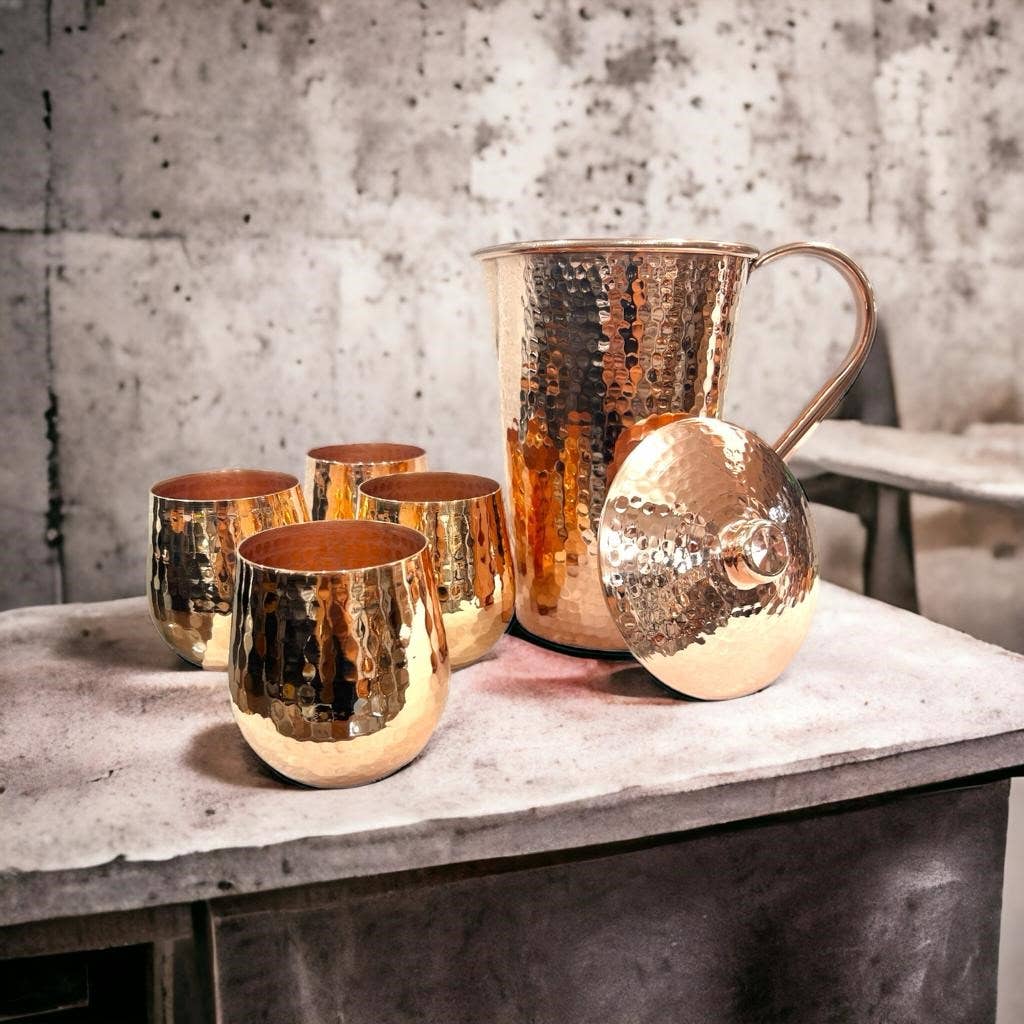 Hammered Copper Pitcher and Tumblers Set, Shiny
