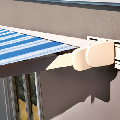 Advaning Prestige Pro awning in Abalone Gray and Ocean Blue Stripes