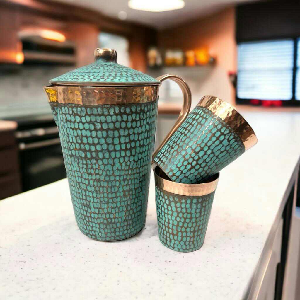 Turquoise Copper Pitcher and Tumblers Set